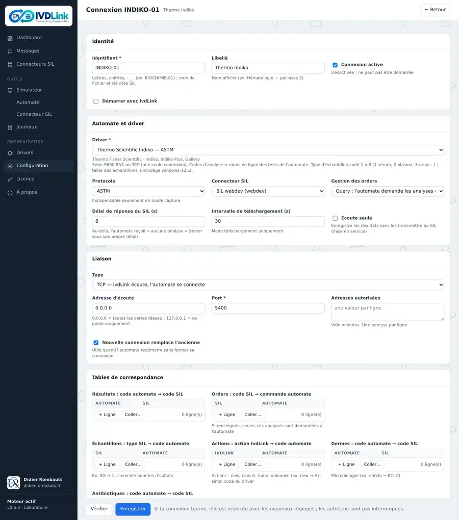 Formulaire de configuration d'une connexion à un automate dans IvdLink