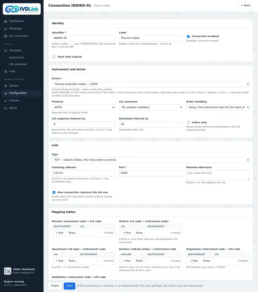 Form for configuring an instrument connection in IvdLink