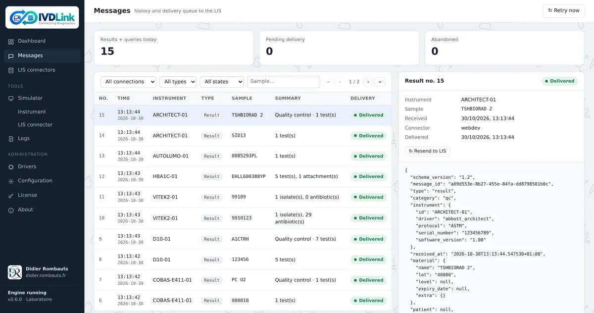 IvdLink Messages screen: searchable history, delivery state and message details